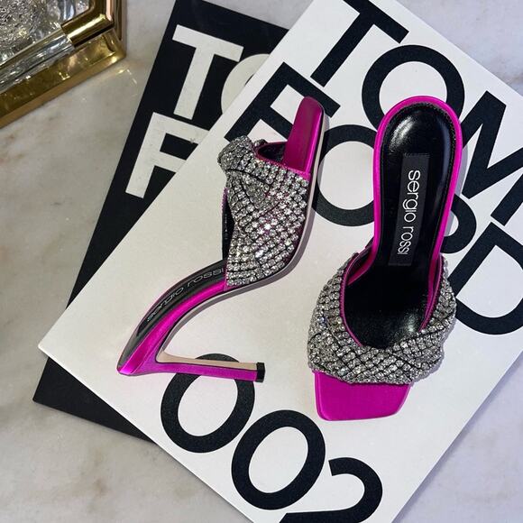 Sergio Rossi 95mm Tyra Embellished Satin Mules in Fuchsia - Picture 5 of 10